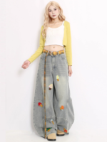 American Cartoon Embroidered Wide Leg Jeans for Women in Autumn