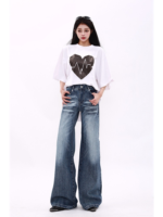 Women Vintage High Waisted Straight Leg Wide Leg Washed Denim Jeans