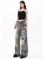 Women High Waisted Loose and Wide Leg Pants Retro Wasteland Ripped Jeans
