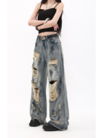 Women High Waisted Loose and Wide Leg Pants Retro Wasteland Ripped Jeans - Image 3