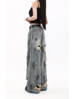 Women High Waisted Loose and Wide Leg Pants Retro Wasteland Ripped Jeans - Image 4