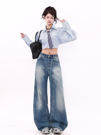 Retro Wide Leg Curved Jeans Washed Loose Drape Banana Pants