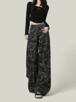 Women Retro Camouflage Wide Leg Jeans High Waisted Workwear Pants - Image 3