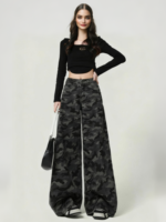 Women Retro Camouflage Wide Leg Jeans High Waisted Workwear Pants