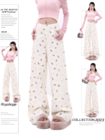 Women High Waisted White Teddy Bear Printed Jeans Straight Wide Leg Pants - Image 2