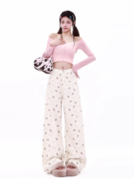 Women High Waisted White Teddy Bear Printed Jeans Straight Wide Leg Pants
