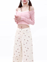 Women High Waisted White Teddy Bear Printed Jeans Straight Wide Leg Pants - Image 5