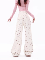 Women High Waisted White Teddy Bear Printed Jeans Straight Wide Leg Pants - Image 6