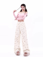Women High Waisted White Teddy Bear Printed Jeans Straight Wide Leg Pants - Image 3
